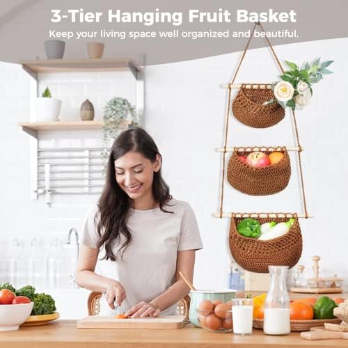 Cesta de frutas penduradas em três camadas, sobre a porta pendurada cestas, organizador de parede de corda de algodão, decoração