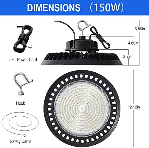 150W LED High Bay Light, 22500lm 5000k OVNI LED LED BAY LIGHTING para armazém de fábrica de ginástica, 0-10V Dimmable- 450W MH/HPS equiv-Us Hook 5 'Cabo, corda segura, UL e DLC listados