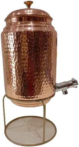 Tendências únicas de 5 litros de dispensador de água de cobre martelado com 1 vidro de cobre e suporte, cobre puro e benefícios de saúde ayurvédica [com suporte]