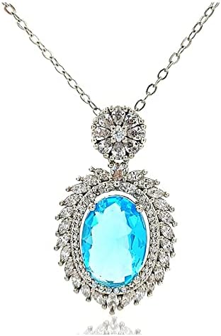 Kinmot Victorian Vintage Silver Tom Sky Blue Oval Zircon Colar de pingente de cluster com halo