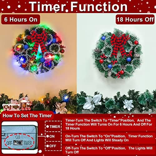 Prela nevada Artificial Christmas Wreath Decoração para a porta da frente com timer 40 luzes 6 bolas 124 galhos 25 Berry vermelha
