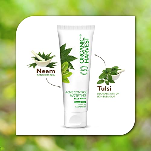 Controle de acne de colheita orgânica Lavagem face matificante: Neem & Tulsi | Limpador para pele oleosa | Para acne