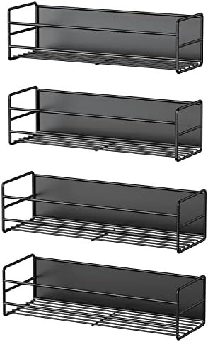 Purdaz 4 embalagem Organizador de rack de especiarias magnéticas para geladeira, prateleira de armazenamento de geladeira de montagem na parede, economia de espaço para a prateleira de armazenamento de cozinha, preto