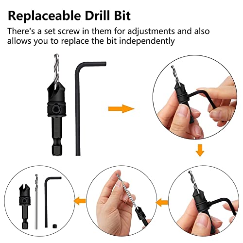 Wood Countersink Drill Bit Bit, 4/5pcs Bit de broca de rocha #4, 6, 8, 10, 12, broca cônica, bits de broca de balcão