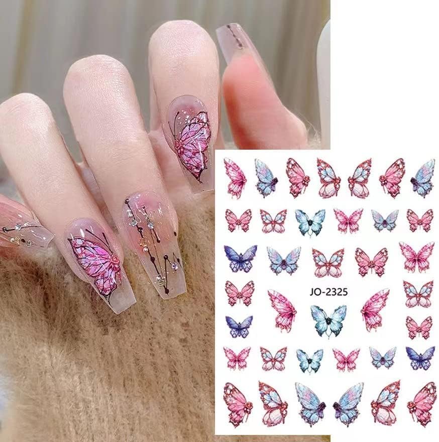 Adesivos de arte de borboleta adesivos decalques de primavera nas unhas ， 3d auto-adesivo aquarela asas borboleta asas azul rosa roxo adesivos de borboleta para mulheres unhas acrílicas pregos diy design 6 lençóis