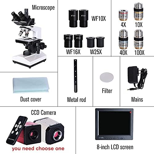 Yebdd Professional Lab Biológico Trinocular Microscópio Zoom 2500x + Câmera CCD digital eletrônica USB + LCD de 8 polegadas