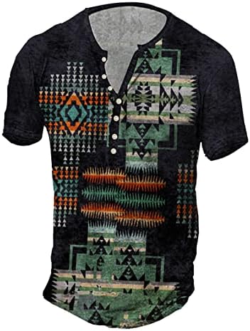 UBST Mens Aztec Henley Shirts 3D Retro Boho Button V Casual Casual Tops Casual Camisa Graphic Beach de manga curta