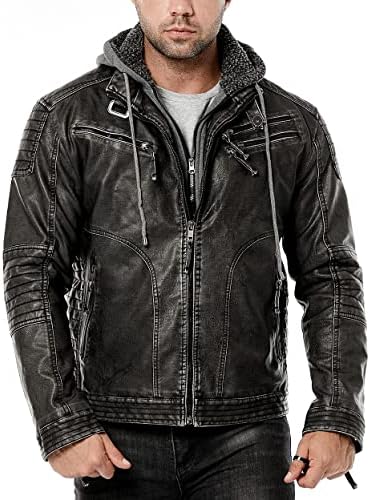 Jaqueta de couro falsificada masculina de carroceiro casual de moto casual com capuz removível