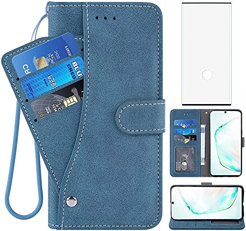Compatível com Samsung Galaxy Note 10 Glaxay Note10 5G Caixa da carteira e protetor de tela de vidro temperado Casos de telefone do cartão de crédito do cartão de crédito para Gaxaly Notas 10s Dez não S10 Mulheres Blue Blue