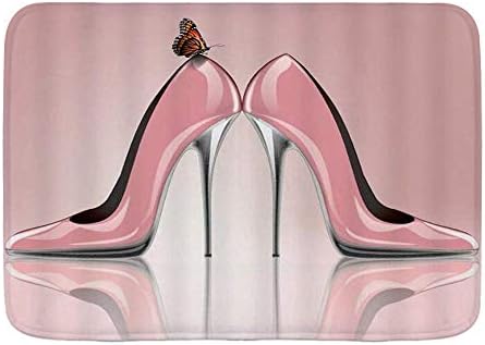 Tapete de tapete de banho, Lady Saltos altos beleza sexy mulher rosa sapatos de salto alto borboleta, tapetes de decoração de banheiro