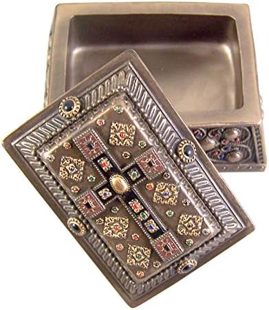 Caixa de bugigangas de jóias religiosas medievais tonificadas de bronze, 4 polegadas