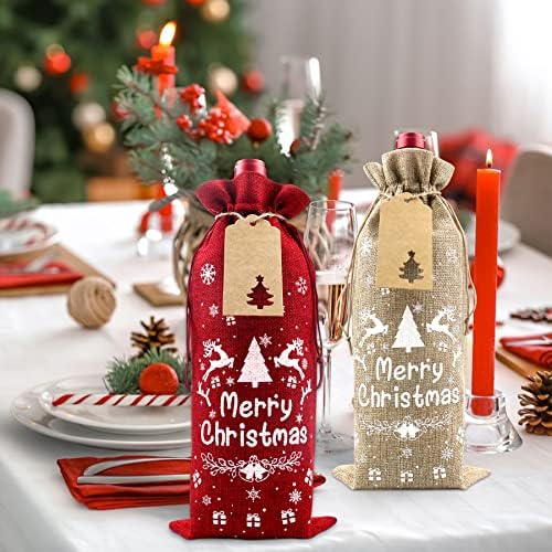 Lilwemen 16 PCs Sacos de vinho de serapilheira, sacos de presente de vinho de Natal, capa de garrafa de vinho com cordas, cordas e etiquetas, sacos de presente de vinho reutilizáveis ​​para o Natal, casamento, aniversário, Valentine Wine Bag Decoration