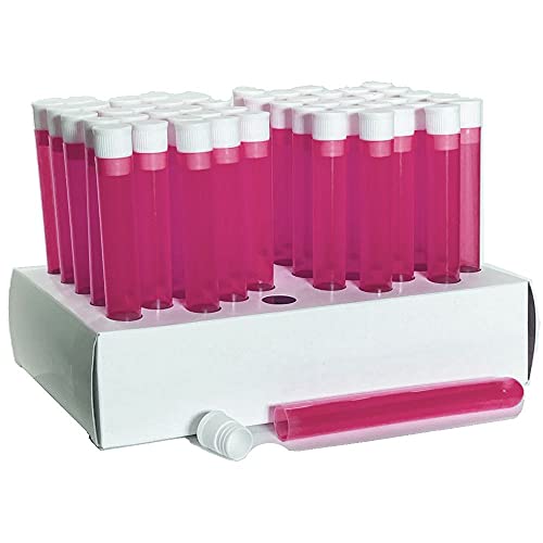 16x125mm de teste de teste de plástico com tampas e rack, tubos rosa, tampas brancas e rack de papelão, Karter Scientific