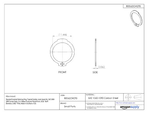 Anel de retenção externo padrão, seção cônica, montagem axial, aço carbono 1060-1090, acabamento em cromato amarelo de zinco, diâmetro do eixo de 5/16 , 0,05 de espessura, feito em nós