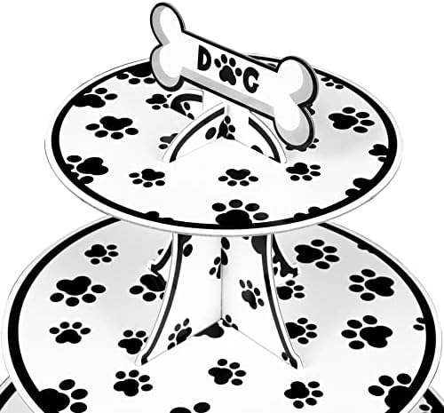 2 Conjunto de cães de 3 camadas de cães impressão de papelão redondo cupcake stand para 24 cupcakes perfeitos para crianças cães pata de impressão de aniversário decorações de festa de festa cão pata impressão de festas de festa cupcake topper