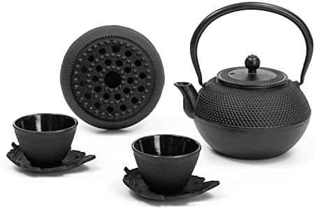 Casa de Lizassaintt Home Ferro fundido Conjunto de bule de esmalte Kettle de chá de ferro fundido com xícaras de chá, pires, infusor