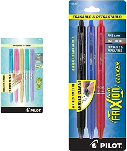 Pilot Frixion Clicker Pen do gel apagável, tinta variada, 3 por pacote, preto/azul/vermelho e frixion coleta pastel