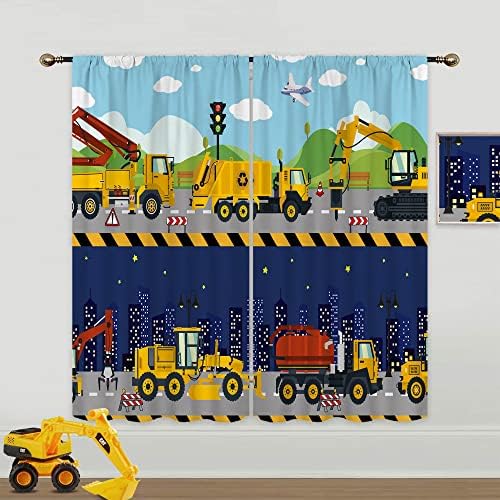 Mitpok Boys Construction Truck Curtains para quarto de 42wx63h polegada haste bolso de bolso de cartoon trator carros de escavades carros máquinas para criança veículos de berçário 2 painéis