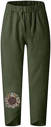 Calça de linho de algodão Capri Capri Casual Summer Capri Capri com bolsos de cintura alta calças de leão de dente de leão