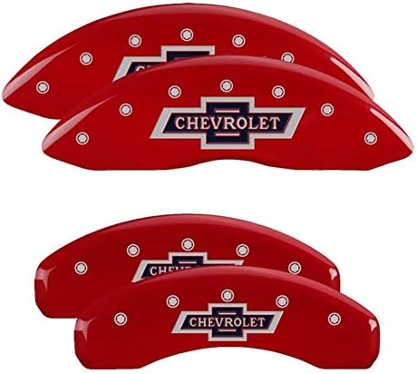 Capas de pinça MGP 14234sbanrd 100 aniversários Chevrolet Red Powder Coat acabamento, caracteres de prata, conjunto de 4