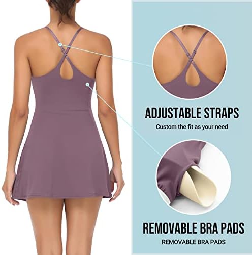 Vestido de tênis de treino para mulheres com shorts de sutiã embutidos, alças ajustáveis ​​e bolsos