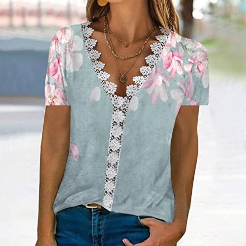 V pescoço saindo camisetas para mulheres com renda de renda Tops de verão imprimidos floral solto ajuste curta manga