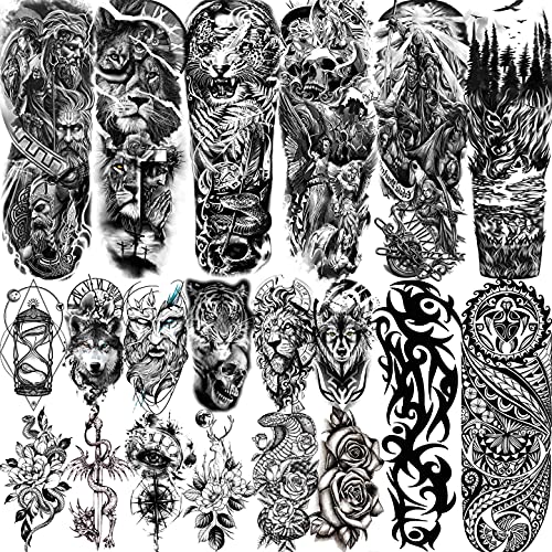 Vantaty 20 folhas Extra grande braço completo Tatuagens temporárias para homens adultos, Tigre Snake Leopard Lion King Tattoos