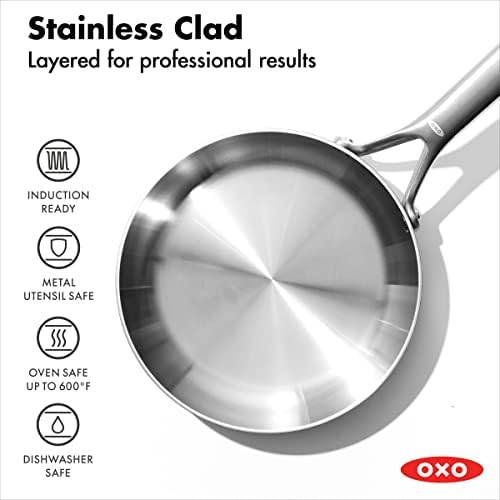 Oxo Mira Tri-Ply aço inoxidável, frigideira frigideira de 8 e 10 Conjunto de frigideiras, indução, multi-cladra, lava-louças e utensílios de metal Safe