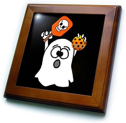 3drose fofo ghost engraçado jogando esportes de pickleball desenho animado de halloween - ladrilhos emoldurados