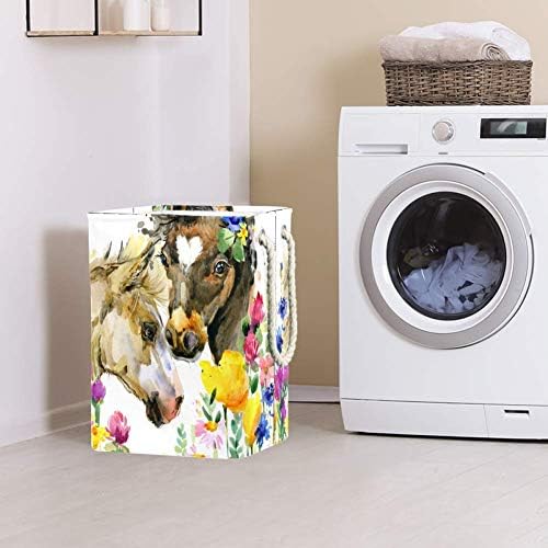 Cavalos fofos em flores 300d Oxford PVC Roupas impermeáveis ​​cestas de lavanderia grande para cobertores Toys de roupas no quarto