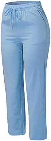 Calças de algodão feminina de linho de algodão feminina de Wocachi Logo de perna reta de perna larga de perna larga de