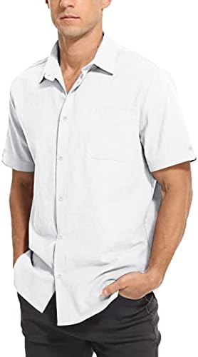 XXBR Mens de manga curta camisas de linho de algodão, Button Summer Down Shirt Front Pocket Pocket Business Casual Beach