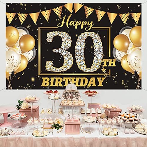 Decorações de 30º aniversário Banner de cenário para ele, Feliz 30º aniversário Decorações para homens, Mulheres, Black