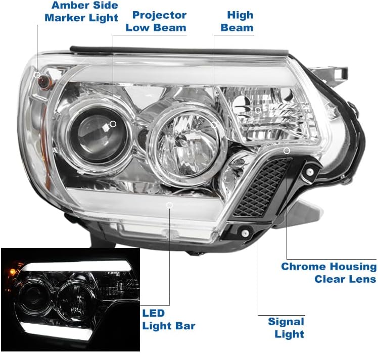 ZMAUTOPTS LED CHROME Projector Faróis faróis com luzes DRL de 6 LED White para 2012-2015 Toyota Tacoma Pickup