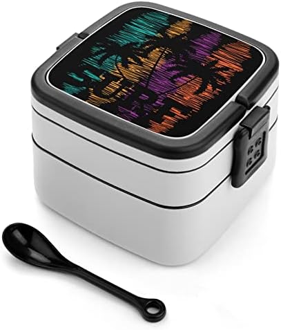 Surf Palm Tree Bento Box Double Camada All-in-One empilhável para almoço com colher para viagens de trabalho de piquenique