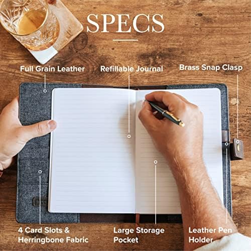 Case Elegance Full Grein Premium Leather Reabilable Journal Cober com caderno A5 forrado, loop de caneta, slots de cartas,