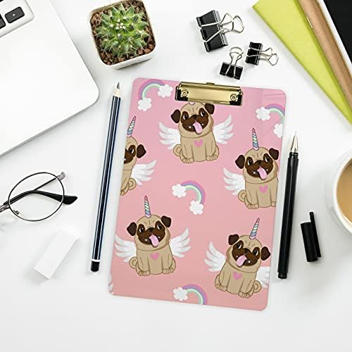 Unicorn Pug Dog Plástico Placa de transferência 9 x12.5 CLIPBOARDS DE ACRYLIC com clipe de baixo perfil A4 Tamanho da carta Placa de serviço pesado para estudantes Trabalhador de escritório de enfermagem