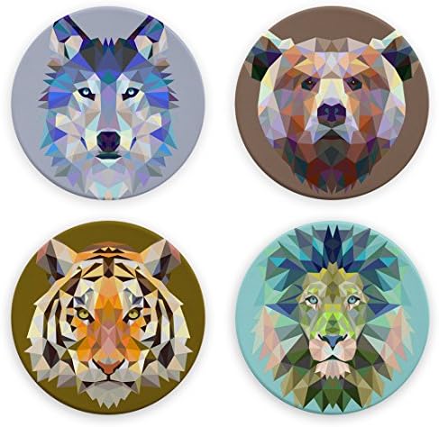 Animais geométricos Wolf Lion Tiger Urso Design - montanhas -russas redondas, arenito natural - Conjunto de 4
