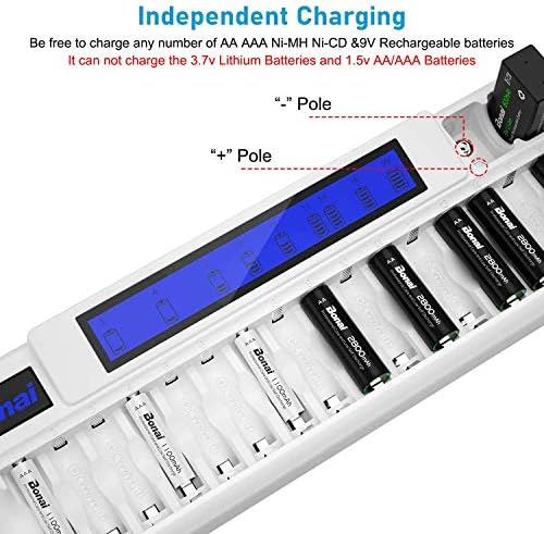 Bonai 16+2 Bay AA AAA 9V Carregador de bateria para NIMH Bateria recarregável com tela LCD inteligente e adaptador