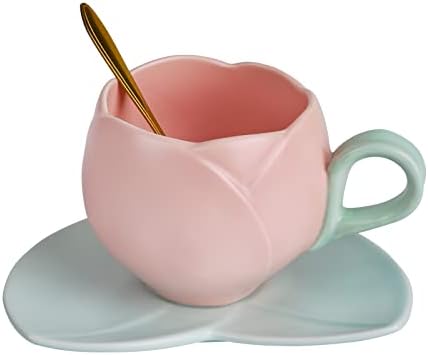 Koythin Ceramic Coffee Caneca com pires, copo de tulipa criativo Design irregular exclusivo para escritório e casa, lava -louças e copa cofre de microondas, copo fofo para leite com leite leite