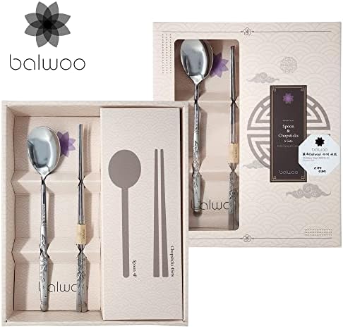 Balwoo 5 conjuntos Crane Graving Design Korean Table Sticky Rice Spoon and Chotosticks Mukbang Cutlers 430 Aço inoxidável