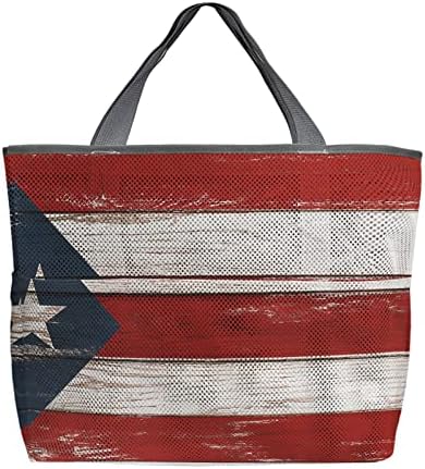 Bolsas de praia Mulheres Mesh Tote Bag Porto Rico Bandeira na bolsa de mercearia de brinquedos de grãos de madeira de madeira