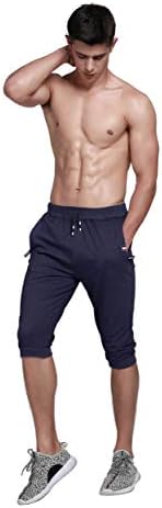 Ysento, algodão masculino Casual 3/4 corredor correndo com calças capréns abaixo do joelho ginástica shorts com zíper dos bolsos