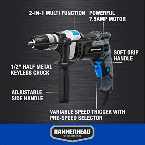 Hammerhead 7,5 -AMP 1/2 polegada Variável Speed ​​Hammer Drill com 6pcs Bit - Hahd075