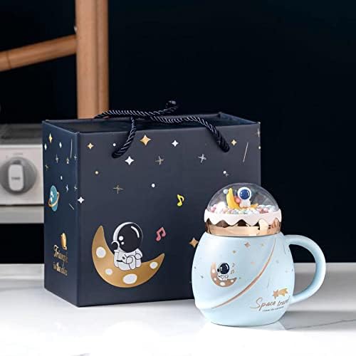 Dramlor Kawaii Caneca de café, copo de astronauta espacial Kawaii com tampa e colher, caneca de café de café Kawaii de 15 onças com uma boa caixa de presente, presentes requintados para crianças, parentes, amigos