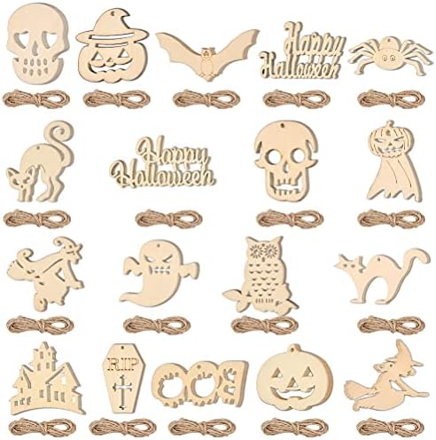 Foccts 90pcs Halloween Fatias de madeira recortes, Halloween Wooden Flices Abumpkins embelezas de madeira Fantasmas inacabados