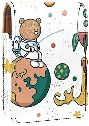 Mini maquiagem Oryuekan Saco de maquiagem com espelho, bolsa de embreagem Leatherette Lipstick Case, Cartoon Animal Bear Space Universe