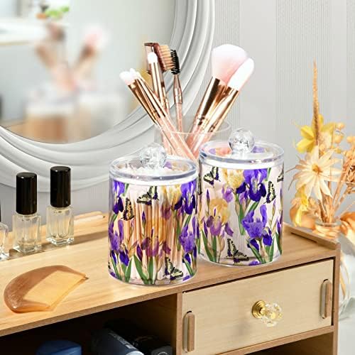 Yyzzh Violet Iris Flor com Butterfly Floral Print 2 Pack Pack QTIP Dispensador para algodão Swab Ball Round Pads Flet