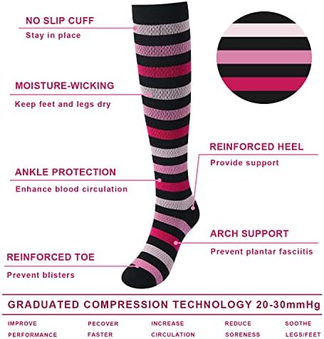Junely meias de compressão para mulheres 20-30 mmhg meias listradas de joelho para apoio à circulação de areia de gravidez enfermeira