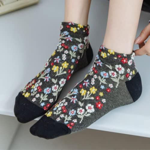 Enynn 4/5/6/8 Pares meias florais de tornozelo floral vintage para mulheres de baixo corte de algodão